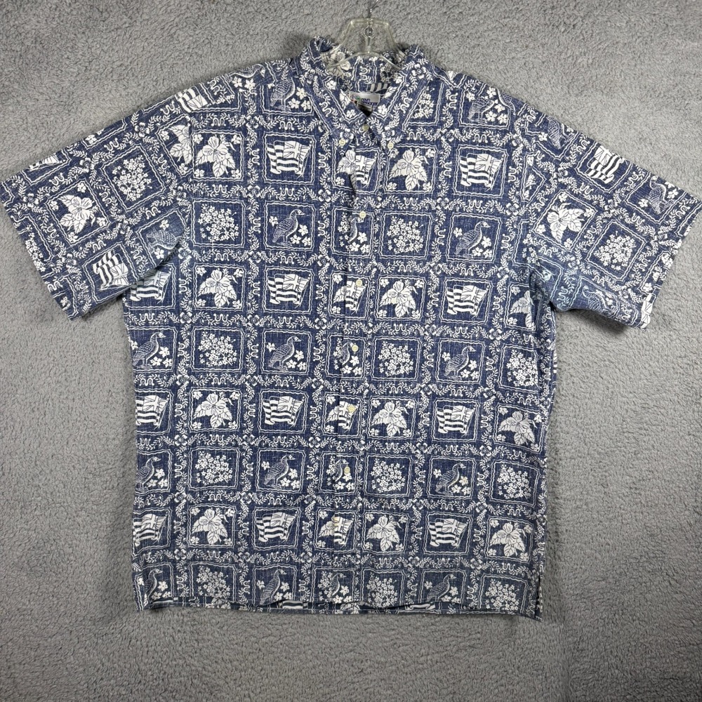 Reyn Spooner Men XXXL Blue Hawaiian Flag Nene Goose Hibiscus Aloha Shirt Vintage